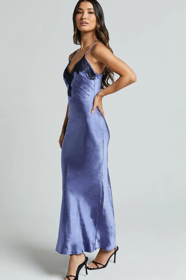 Ofeliya Midi Dress 8211 Lace Trim Satin Slip Dress In Cornflower Blue Women Showpo Dresses