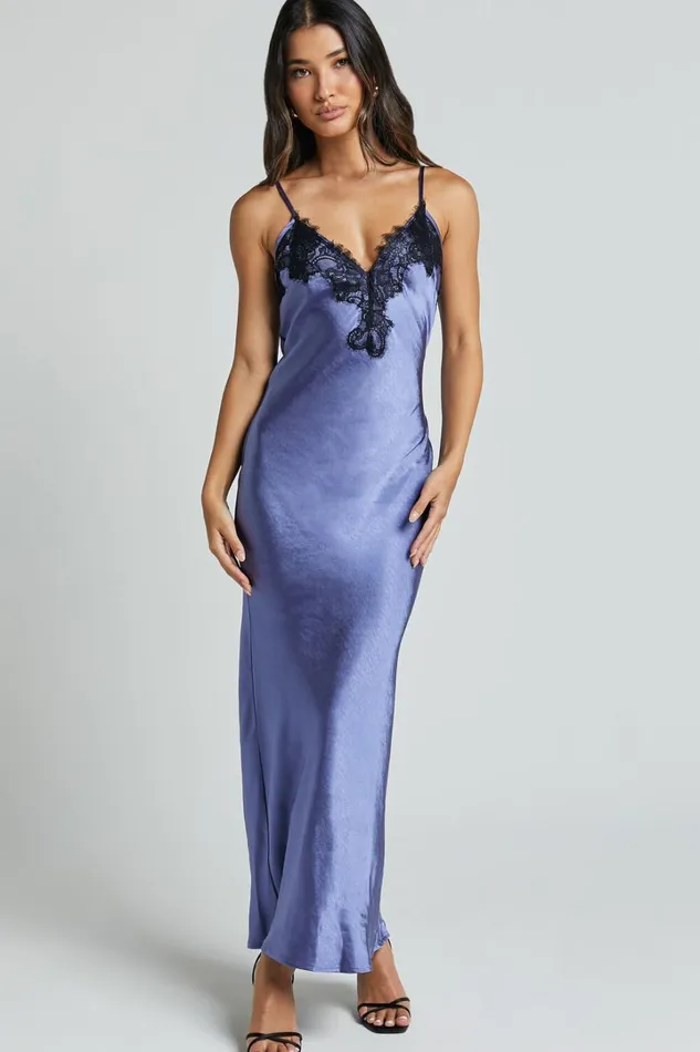 Ofeliya Midi Dress 8211 Lace Trim Satin Slip Dress In Cornflower Blue Women Showpo Dresses