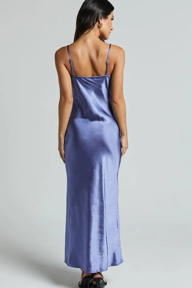 Ofeliya Midi Dress 8211 Lace Trim Satin Slip Dress In Cornflower Blue Women Showpo Dresses