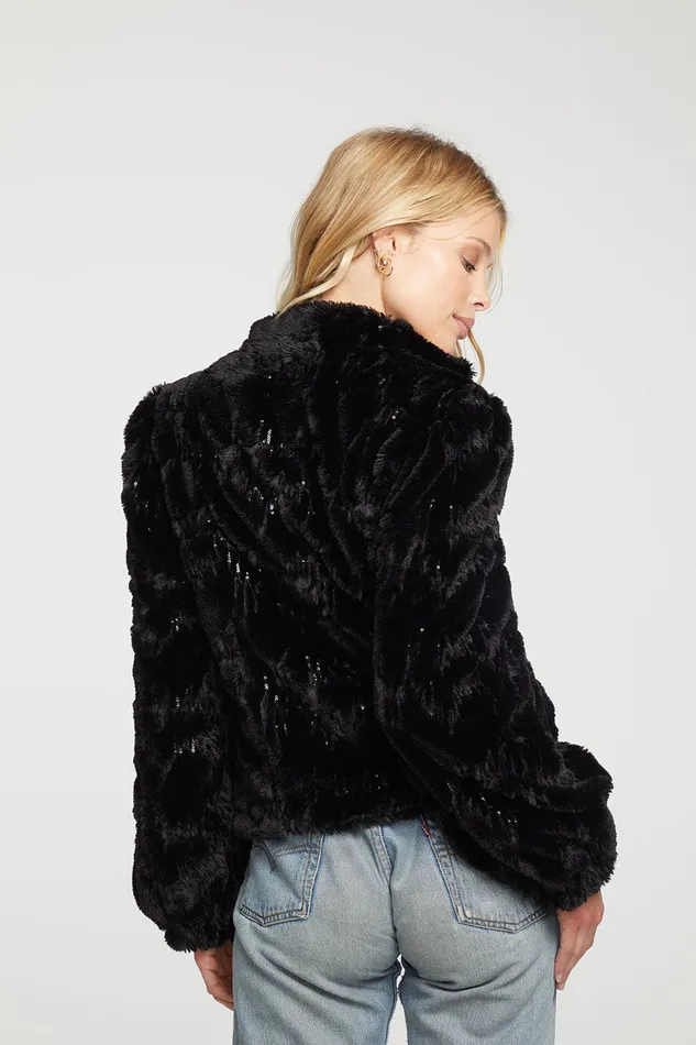Outerwear Womens Sequin Faux Fur Puff Sleeve Zip Up Jacket Chaser Brand