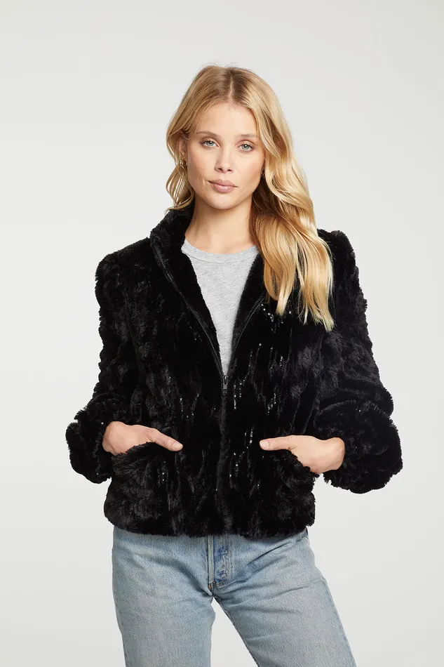 Outerwear Womens Sequin Faux Fur Puff Sleeve Zip Up Jacket Chaser Brand