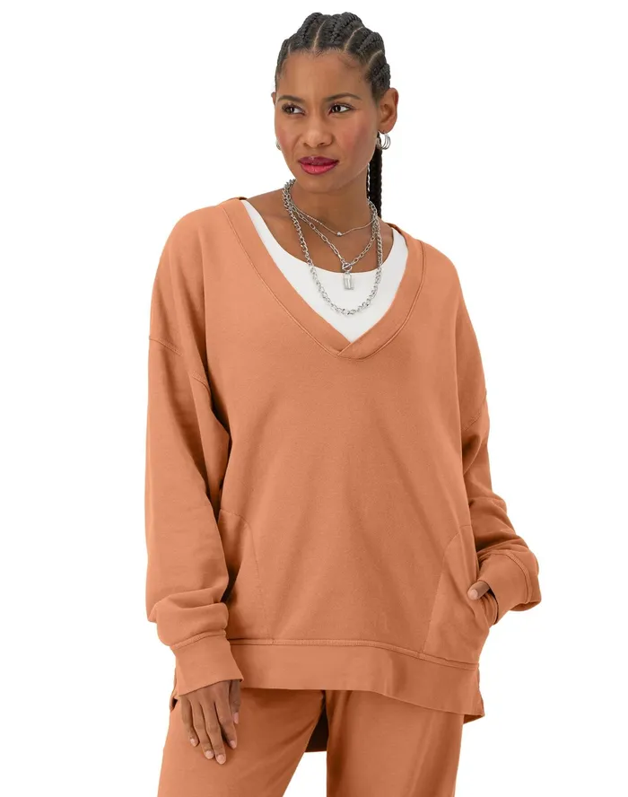 Oversized VNeck Pullover Vintage Wash C Logo Comfort Wash Canyon Red Women Champion Hoodies and Sweatshirts Oversized VNeck Pullover Vintage Wash C Logo Comfort Wash Canyon Red Women Champion Hoodies and Sweatshirts