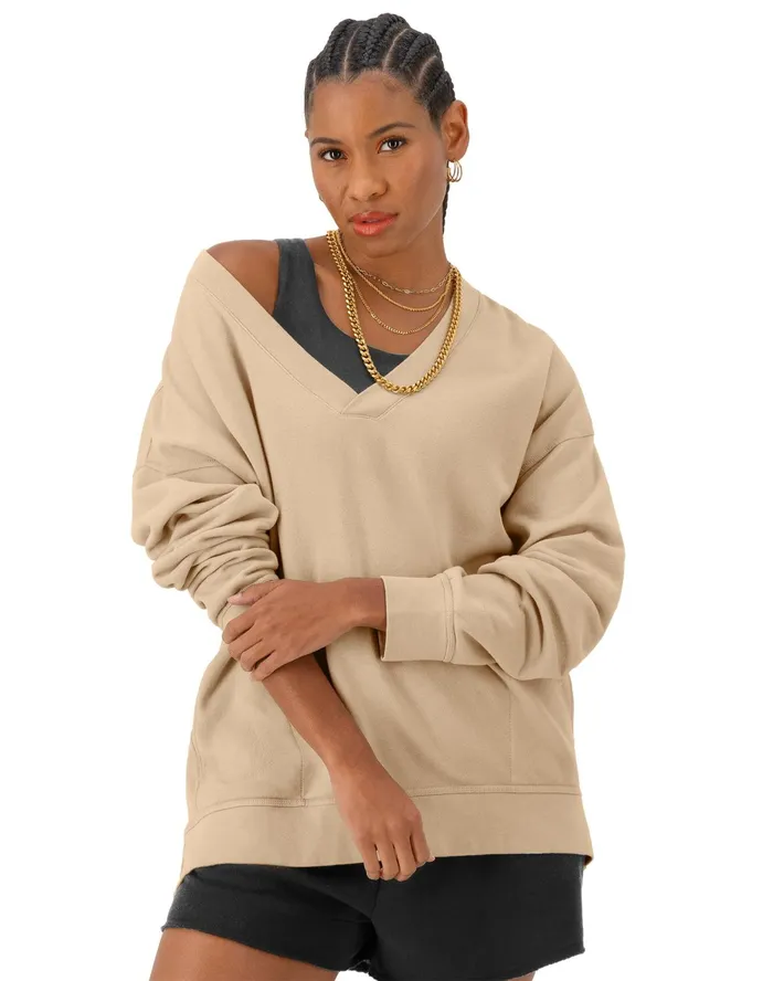 Oversized VNeck Pullover Vintage Wash C Logo Comfort Wash Champagne Frost Women Champion Hoodies and Sweatshirts Oversized VNeck Pullover Vintage Wash C Logo Comfort Wash Champagne Frost Women Champion Hoodies and Sweatshirts