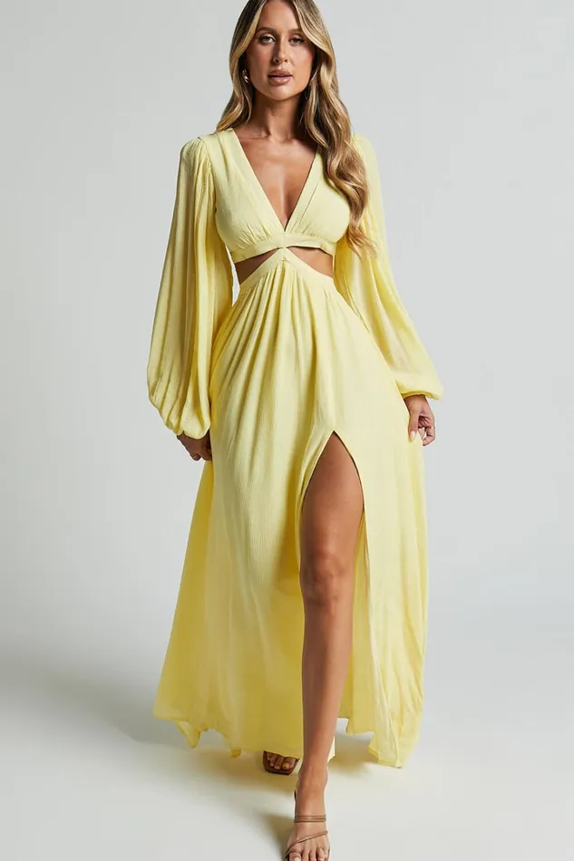 Paige Maxi Dress 8211 Side Cut Out Balloon Sleeve Dress In Lemon Women Showpo Curve Clothes Paige Maxi Dress 8211 Side Cut Out Balloon Sleeve Dress In Lemon Women Showpo Curve Clothes