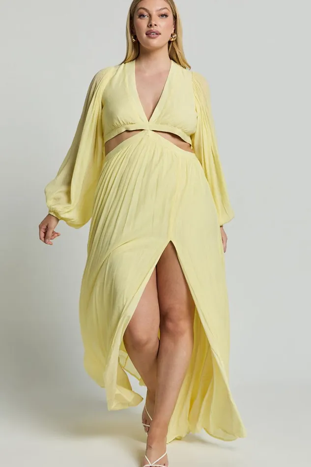 Paige Maxi Dress 8211 Side Cut Out Balloon Sleeve Dress In Lemon Women Showpo Curve Clothes