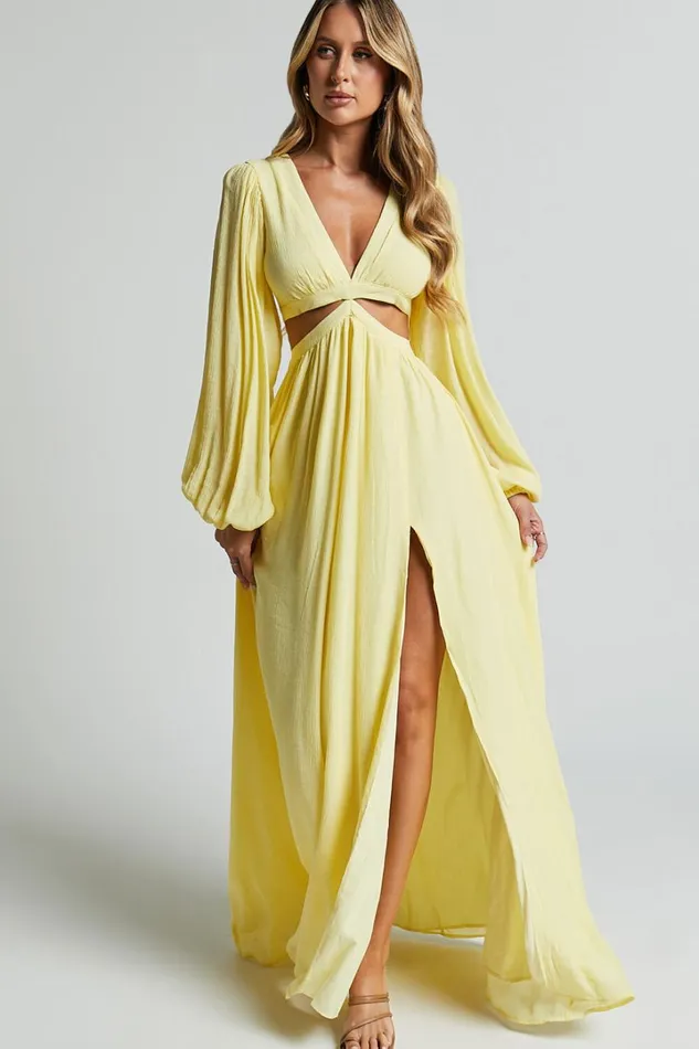 Paige Maxi Dress 8211 Side Cut Out Balloon Sleeve Dress In Lemon Women Showpo Curve Clothes