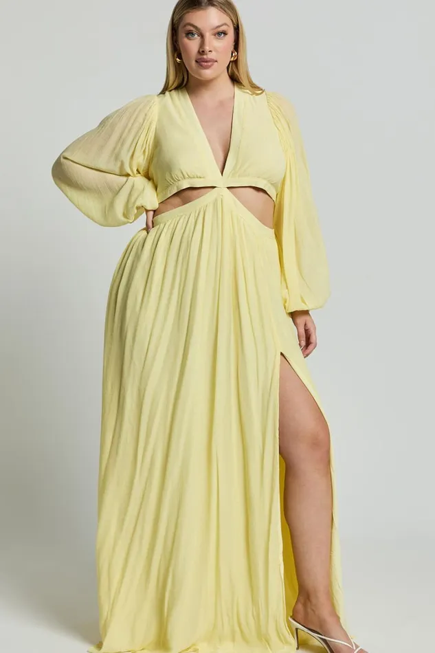 Paige Maxi Dress 8211 Side Cut Out Balloon Sleeve Dress In Lemon Women Showpo Curve Clothes
