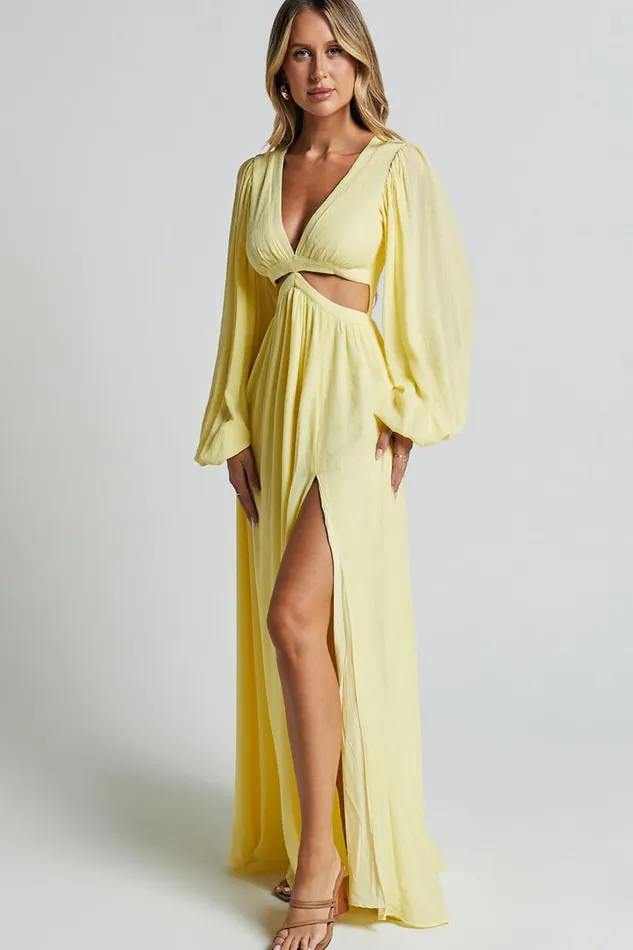 Paige Maxi Dress 8211 Side Cut Out Balloon Sleeve Dress In Lemon Women Showpo Curve Clothes