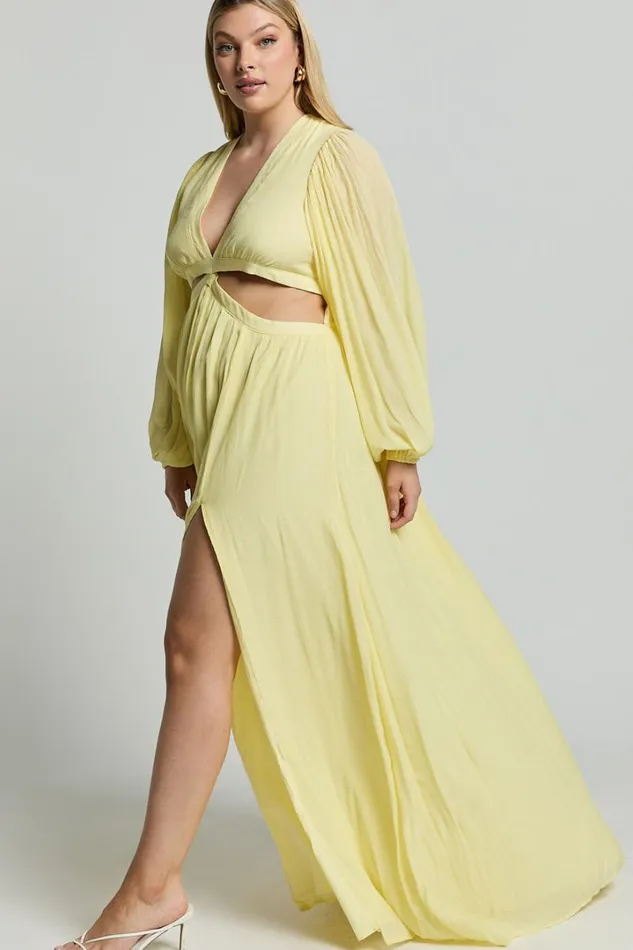 Paige Maxi Dress 8211 Side Cut Out Balloon Sleeve Dress In Lemon Women Showpo Curve Clothes