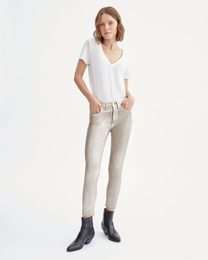Pants Women 7 For All Mankind High Waist Velvet Ankle Skinny In Metallic Gold Metallic Gold