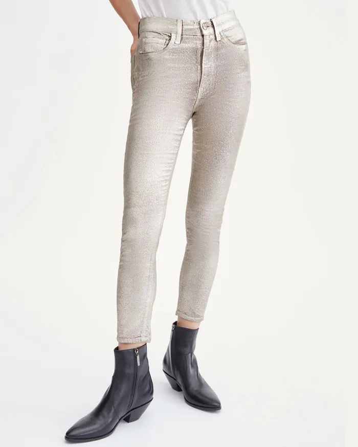 Pants Women 7 For All Mankind High Waist Velvet Ankle Skinny In Metallic Gold Metallic Gold