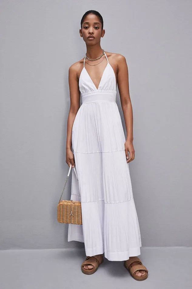 Patrizia Pepe Anklelength Bareback Pleated Dress White Bianco Ottico Apparel Long