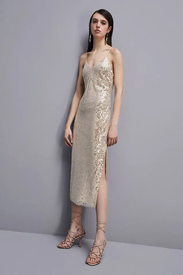 Patrizia Pepe Handembroidered Tulle Dress Beige Shiny Desert Beige Apparel Midi