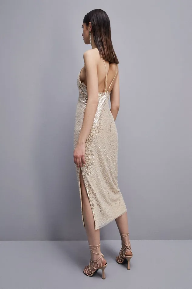 Patrizia Pepe Handembroidered Tulle Dress Beige Shiny Desert Beige Apparel Midi