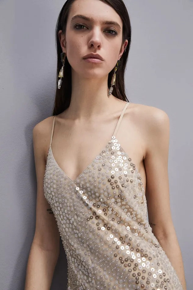 Patrizia Pepe Handembroidered Tulle Dress Beige Shiny Desert Beige Apparel Midi