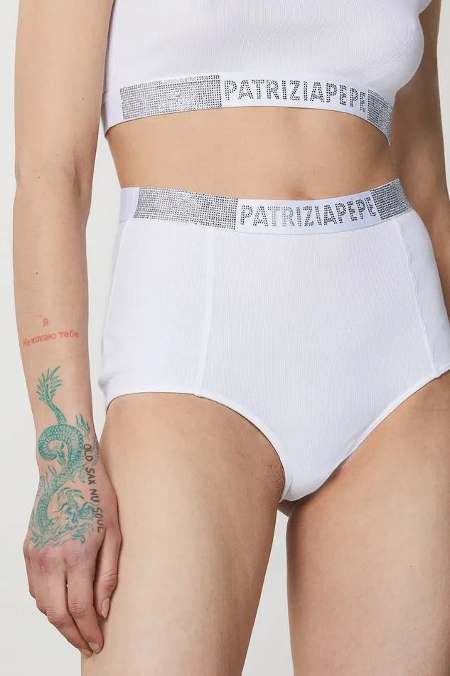 Patrizia Pepe Highwaisted Briefs With Rhinestones White Bianco Apparel Lingerie