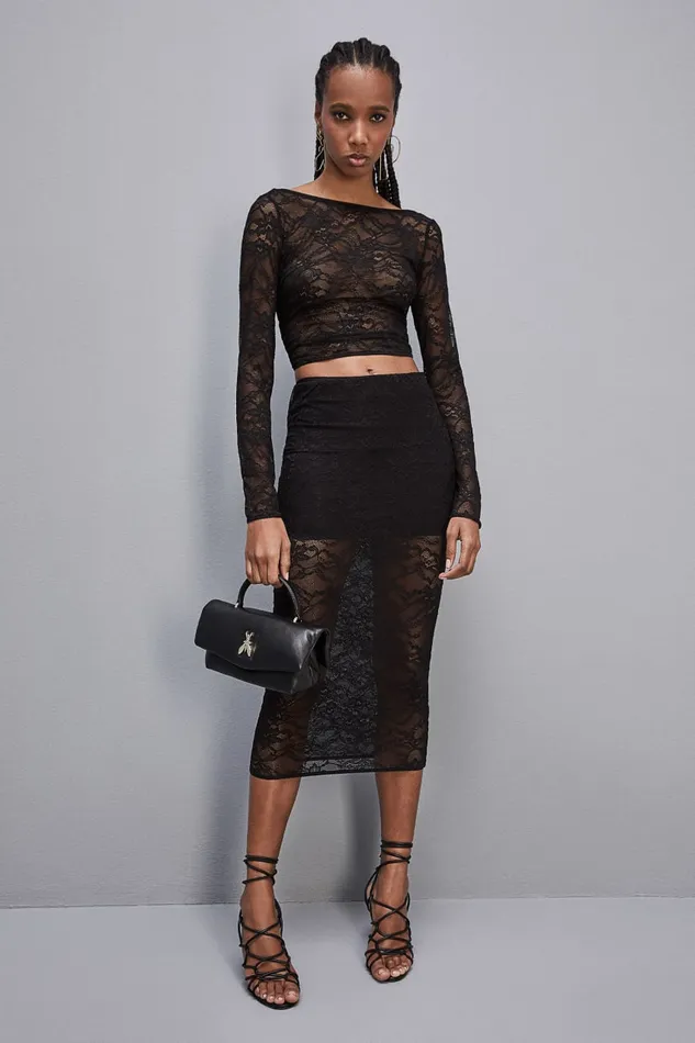Patrizia Pepe Lace Pencil Skirt Black Nero Apparel Midi