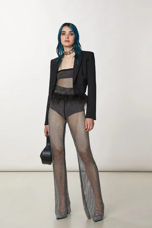 Patrizia Pepe Mesh Pants With Rhinestones Black Nero Apparel Flared