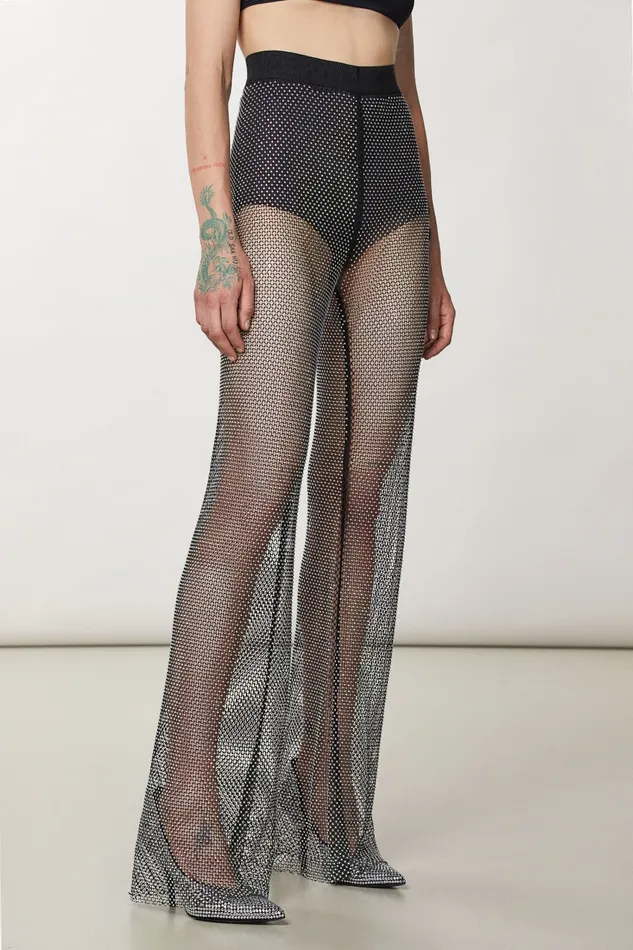 Patrizia Pepe Mesh Pants With Rhinestones Black Nero Apparel Flared
