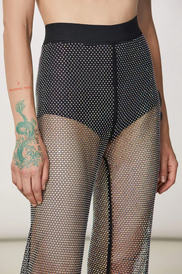 Patrizia Pepe Mesh Pants With Rhinestones Black Nero Apparel Flared
