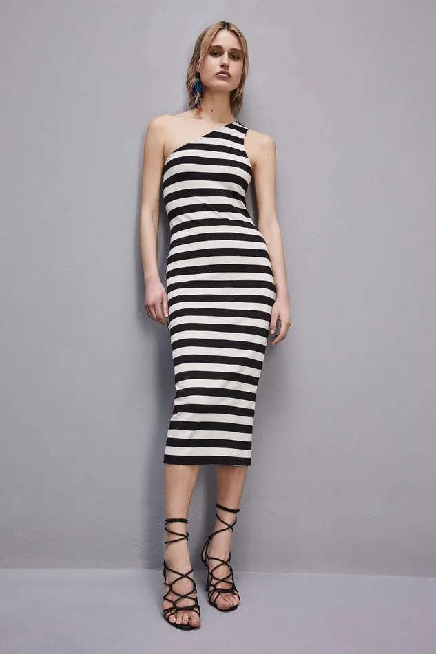 Patrizia Pepe Oneshoulder Slim Dress In Cotton Jersey White Blackwhite Stripes Apparel Midi