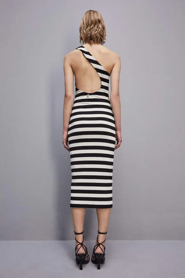Patrizia Pepe Oneshoulder Slim Dress In Cotton Jersey White Blackwhite Stripes Apparel Midi
