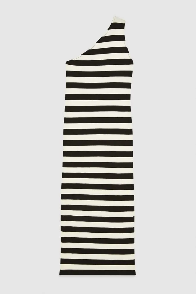 Patrizia Pepe Oneshoulder Slim Dress In Cotton Jersey White Blackwhite Stripes Apparel Midi