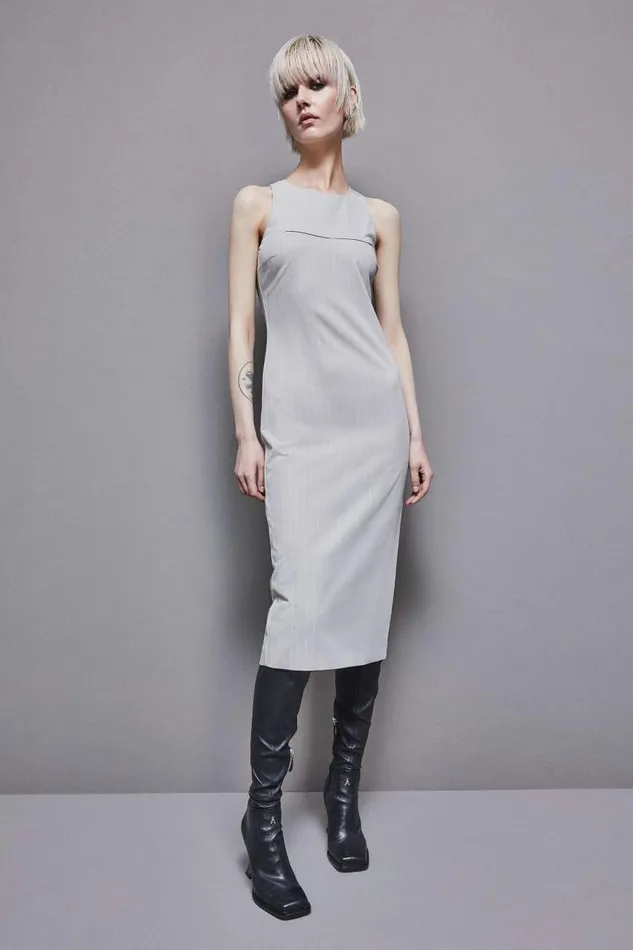 Patrizia Pepe Pinstripe Crew Neck Midi Sheath Dress Grey Utopia Gray Stripes Apparel Midi