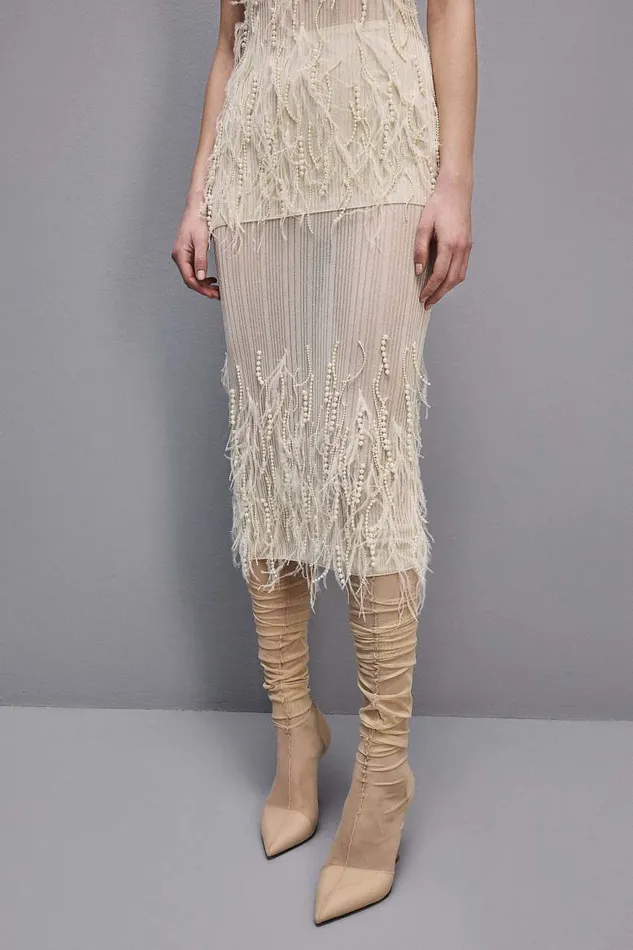 Patrizia Pepe Skirt With Feather And Pearl Embroidery White Raw White Apparel Midi