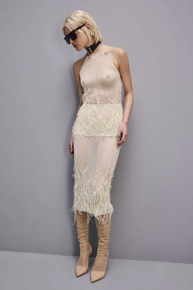 Patrizia Pepe Skirt With Feather And Pearl Embroidery White Raw White Apparel Midi