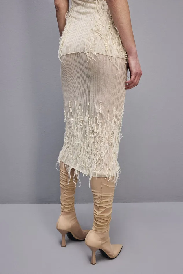 Patrizia Pepe Skirt With Feather And Pearl Embroidery White Raw White Apparel Midi