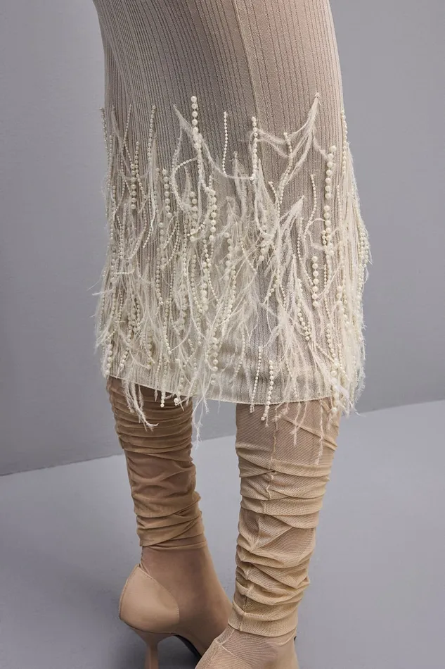 Patrizia Pepe Skirt With Feather And Pearl Embroidery White Raw White Apparel Midi