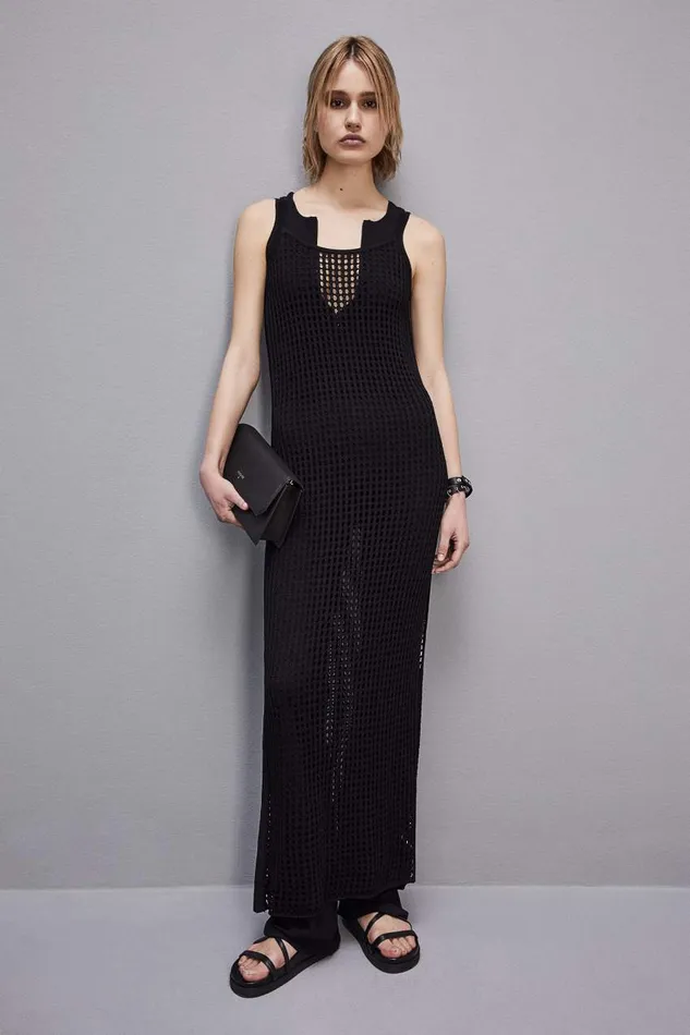 Patrizia Pepe Sleeveless Viscose Blend Mesh Dress Black Nero Apparel Long