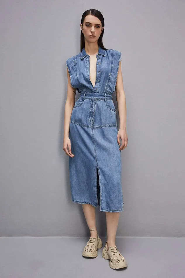 Patrizia Pepe Tencel Denim Sleeveless Dress Light Blue Blue Wash Tencel Apparel Midi