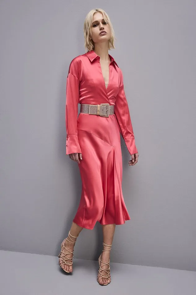 Patrizia Pepe Viscose Satin Midi Dress Pink Hybrid Rose Apparel Midi