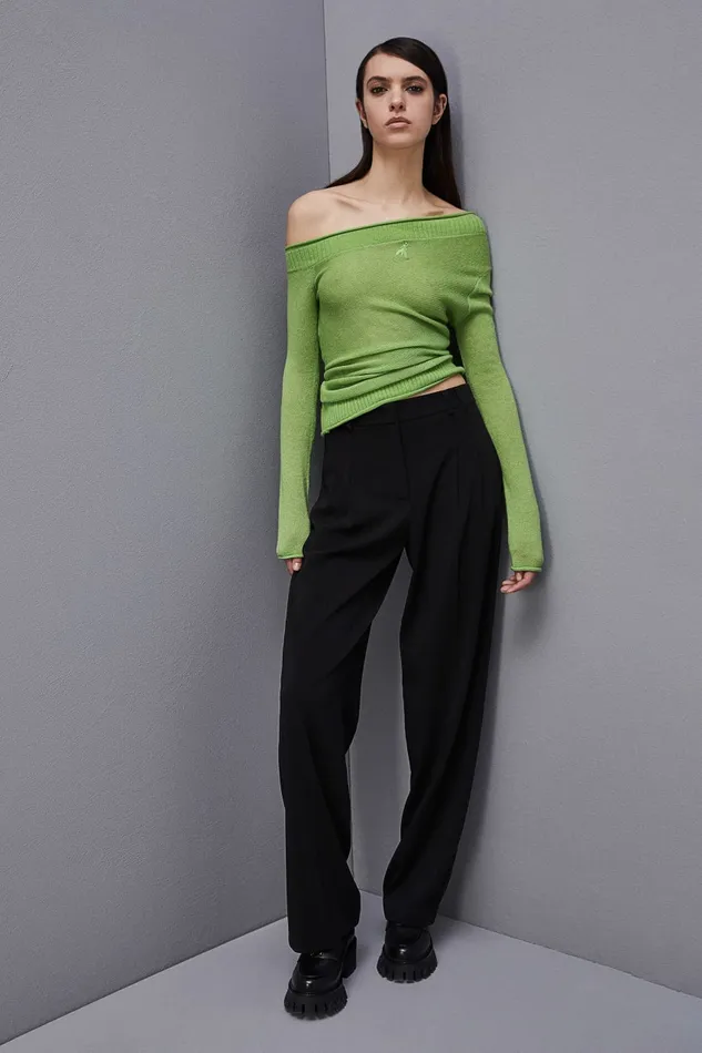 Patrizia Pepe Wool Sweater With Wide Neckline Green Kiwi Green Apparel Sweaters