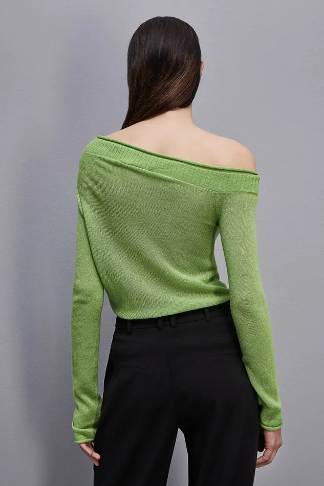 Patrizia Pepe Wool Sweater With Wide Neckline Green Kiwi Green Apparel Sweaters