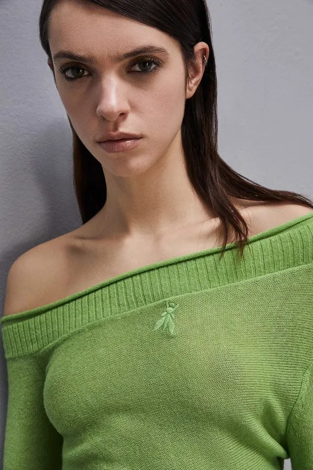 Patrizia Pepe Wool Sweater With Wide Neckline Green Kiwi Green Apparel Sweaters