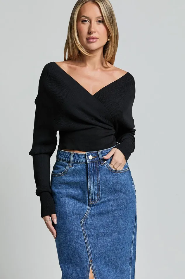 Petra Top 8211 Long Sleeve Wrap Ribbed Knit Top In Black Women Showpo Sweaters and Cardigans