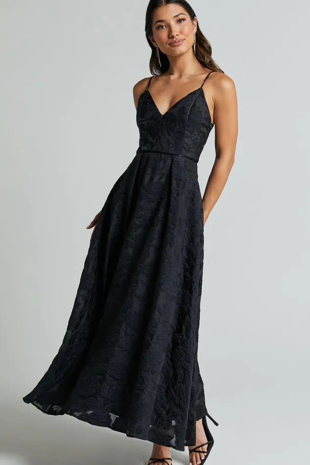 Philine Midi Dress 8211 Jacquard Plunge Fit And Flare Dress In Black Women Showpo Dresses
