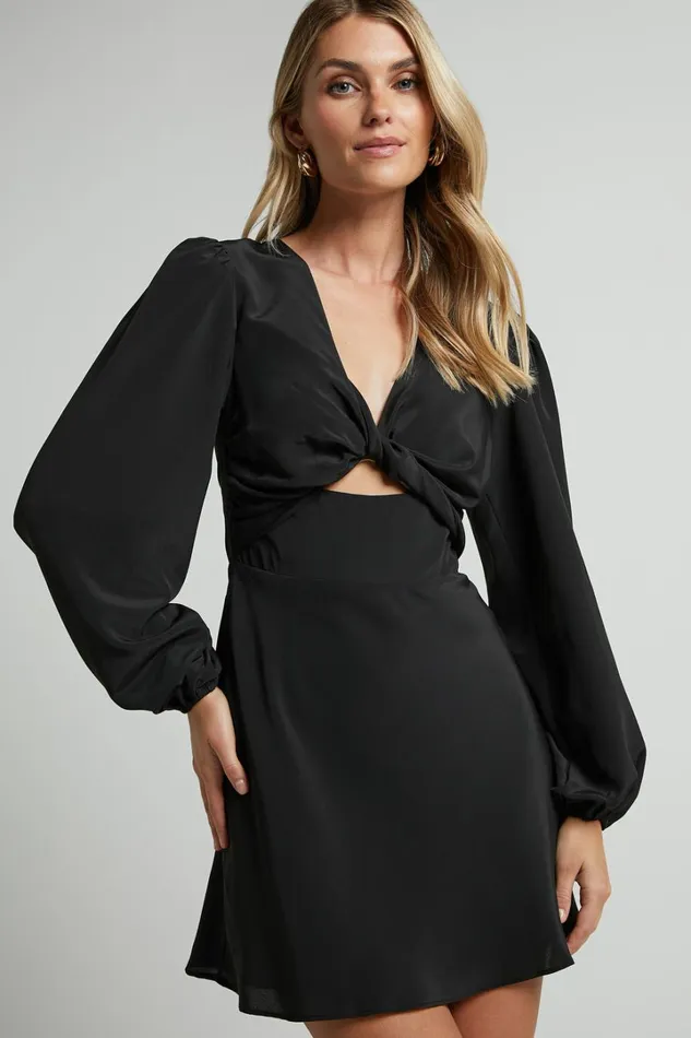 Pilar Mini Dress 8211 Twist Front Long Sleeve Dress In Black Women Showpo Dresses