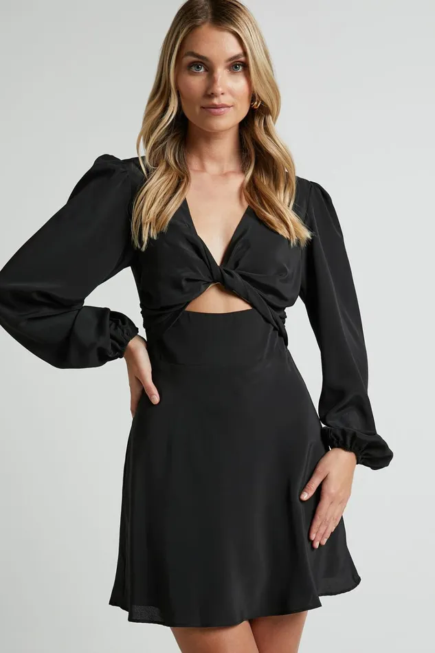 Pilar Mini Dress 8211 Twist Front Long Sleeve Dress In Black Women Showpo Dresses
