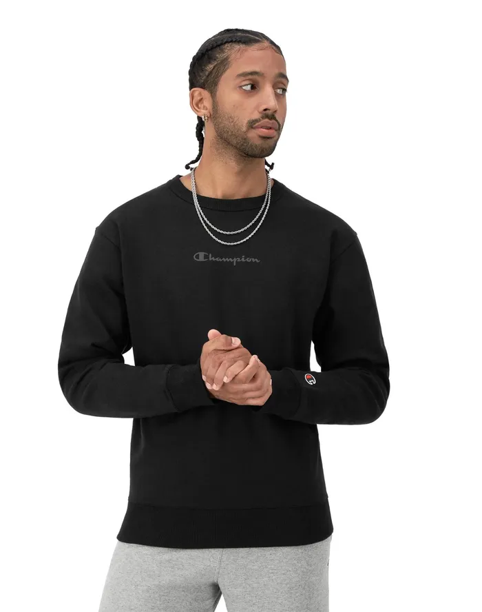 Powerblend Crewneck Script Logo Black Men Champion Hoodies and Sweatshirts
