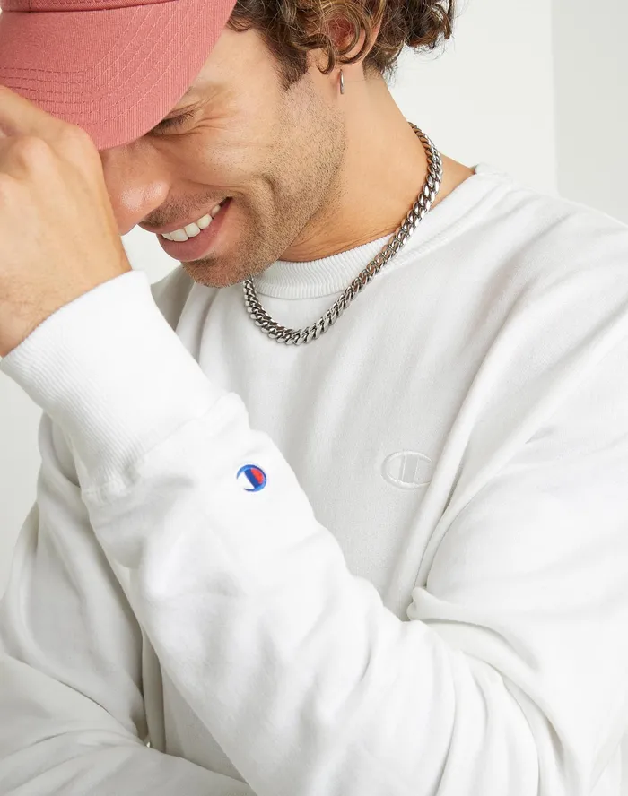 Powerblend Fleece Crew C Logo White Men Champion Hoodies and Sweatshirts
