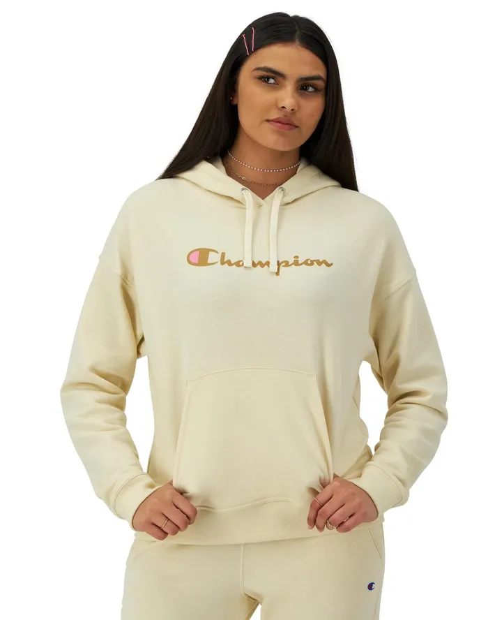 Powerblend Hoodie Script Logo Fresh Tan Women Champion Hoodies and Sweatshirts