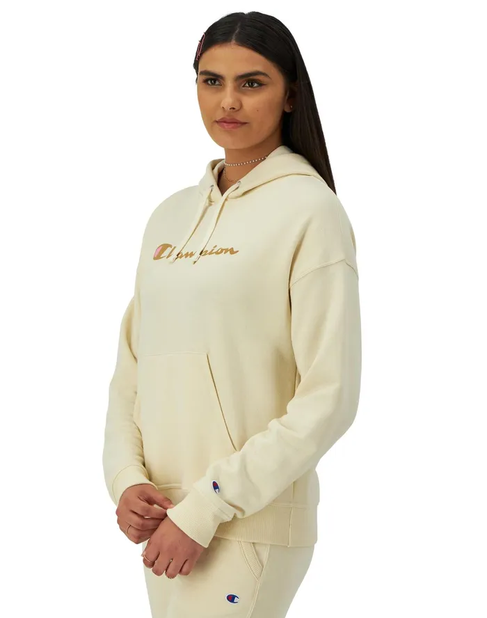 Powerblend Hoodie Script Logo Fresh Tan Women Champion Hoodies and Sweatshirts