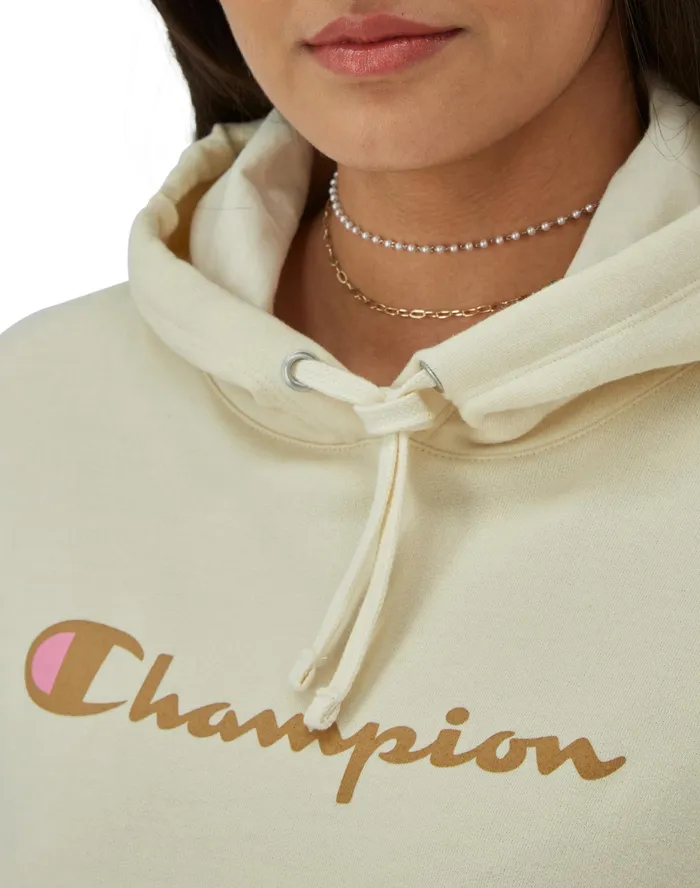 Powerblend Hoodie Script Logo Fresh Tan Women Champion Hoodies and Sweatshirts