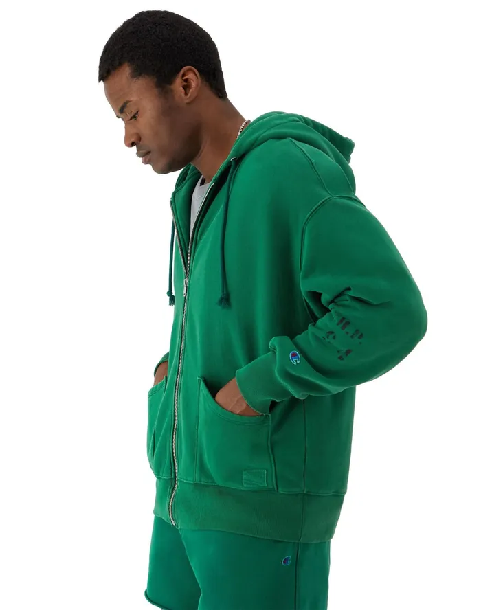 RChival Reverse Weave FullZip Hoodie Ink Stamped Time Capsule Athletic Dark Green Men Champion Hoodies and Sweatshirts