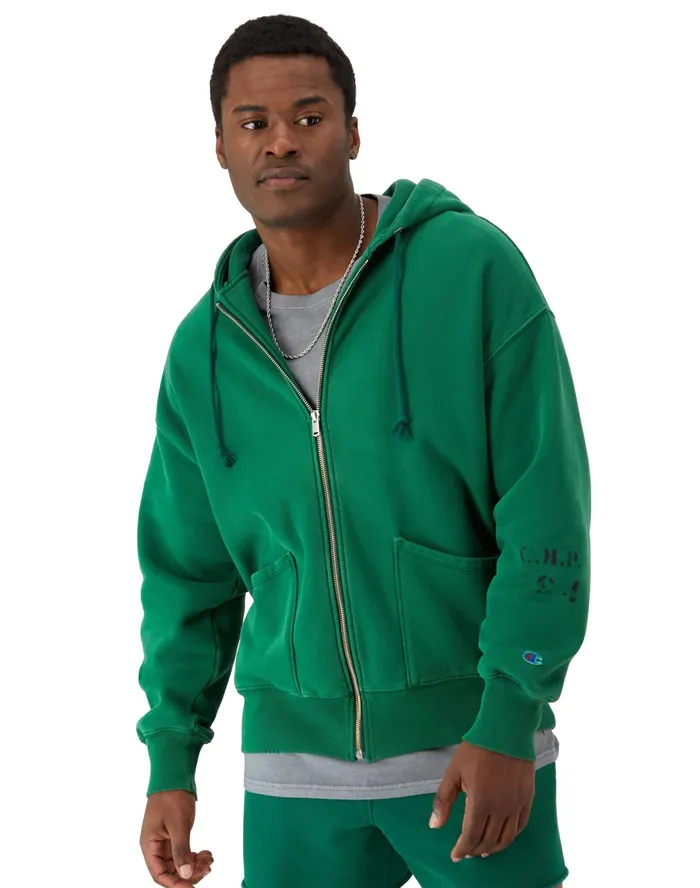 RChival Reverse Weave FullZip Hoodie Ink Stamped Time Capsule Athletic Dark Green Men Champion Hoodies and Sweatshirts