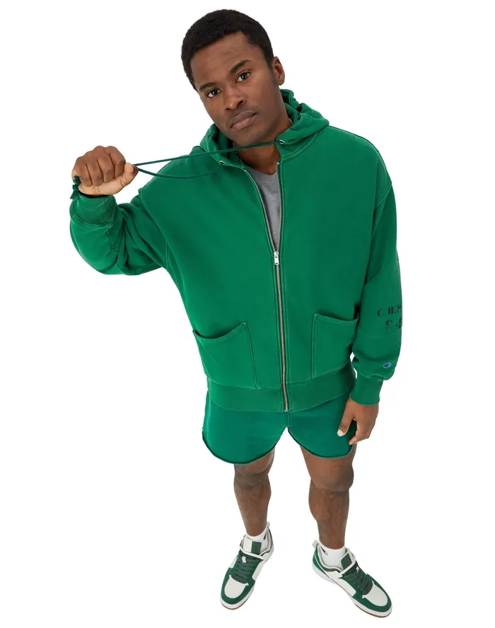 RChival Reverse Weave FullZip Hoodie Ink Stamped Time Capsule Athletic Dark Green Men Champion Hoodies and Sweatshirts